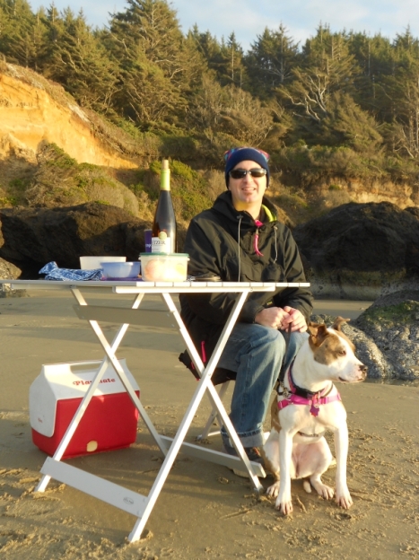 Husband and happy dog New Year's day on beach